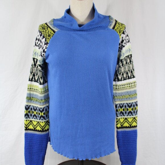 Free People Prism Mixed Media Top Sweater Blue Bell Combo Size Large Boho Winter - Picture 1 of 12